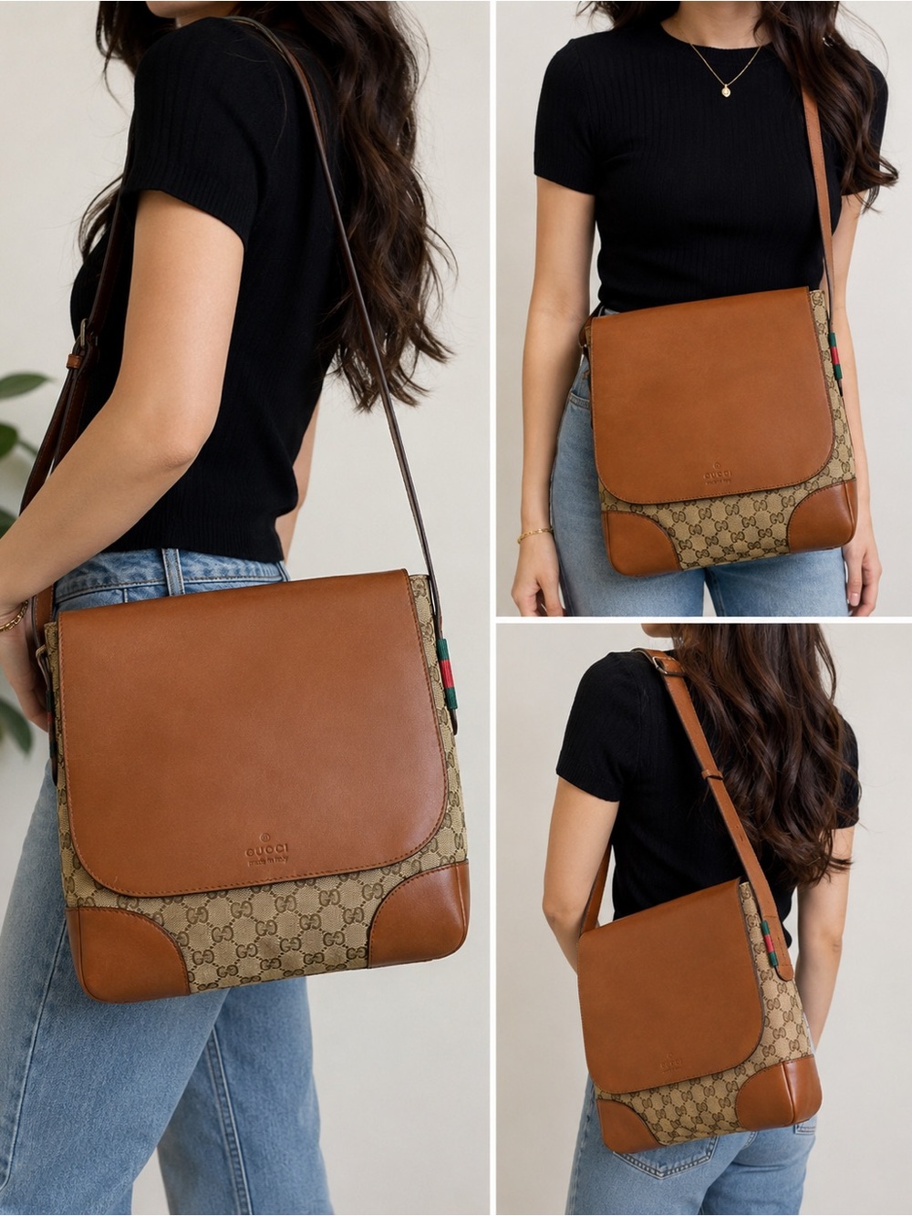 Gucci Brown Leather & GG Canvas Messenger Flap over monogram authentic Bag